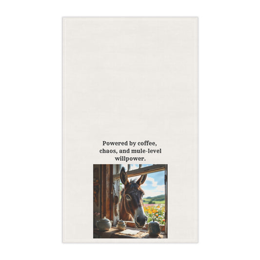"Powered by coffee, caos and mule-level willpower" Show off your sass in style with this humorous Mule and Coffee loving towel. Gift for Home Chefs, Fun Mule Decor, Farmhouse Style, Kitchen Accessories