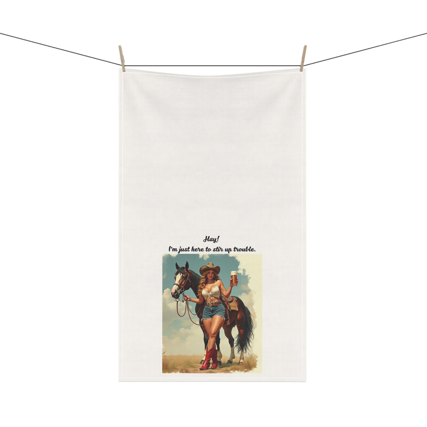 Cowgirl Tea/Bar Towels - "Hay! I'm just here to stir up trouble." Rustic Kitchen and Bar Decor, Western Home, Gift for Horse Lovers, Country Style, Cooking Essentials