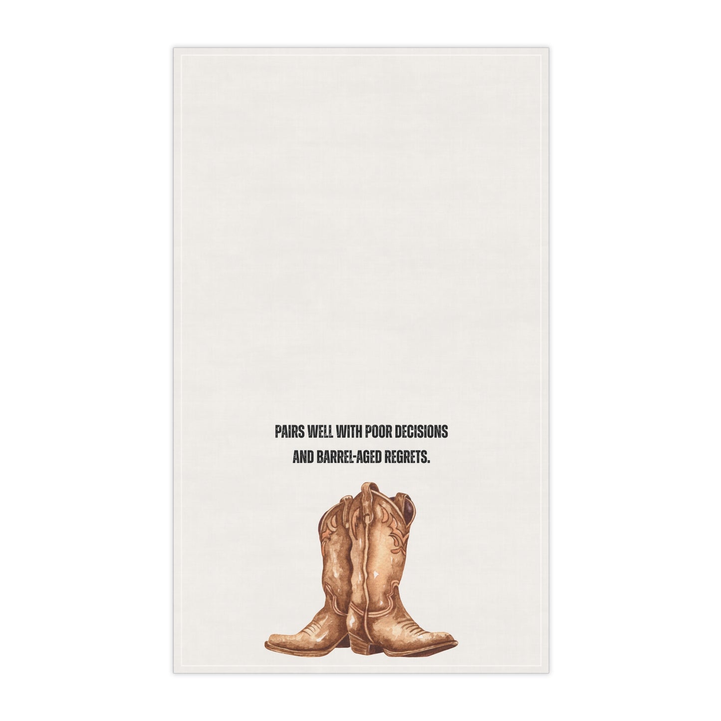 Rustic Cowboy Tea Towels - "Pairs well with poor decisions and barrel-aged regrets." Funny Kitchen or Bar Decor, Gift for BBQ Lovers, Unique Hostess Gift, Western Themed Accessories, Kitchen Towel Set