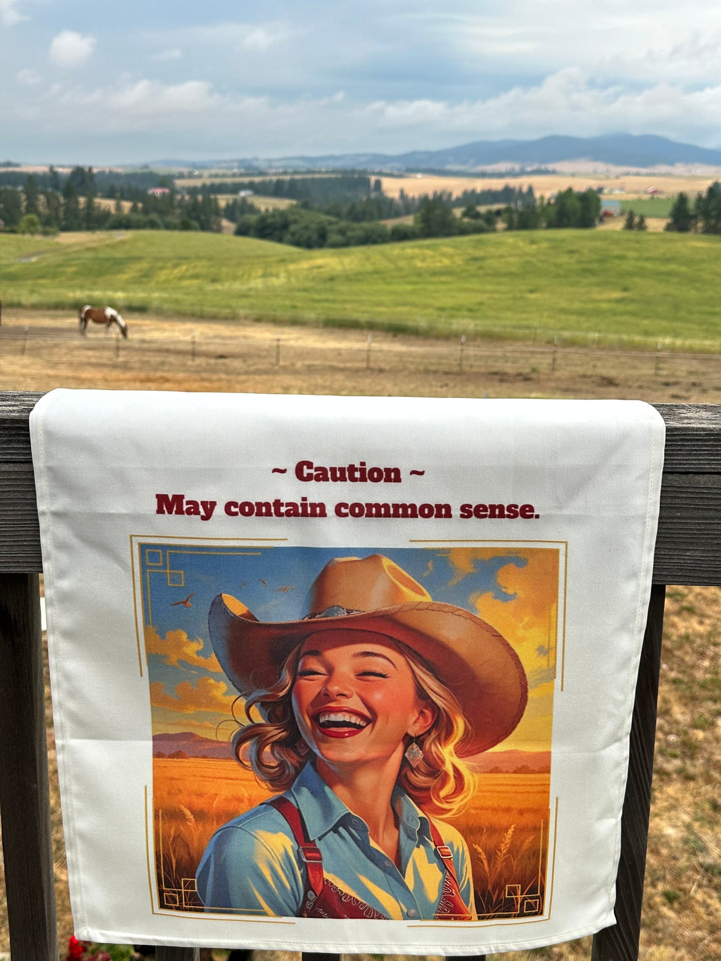 Funny Vintage-Inspired Cowgirl Tea Towel, "Caution: May Contain Common Sense" Rustic Kitchen and Bar Decor, Farmhouse Kitchen Accessories, Fun Gift for Home Cooks