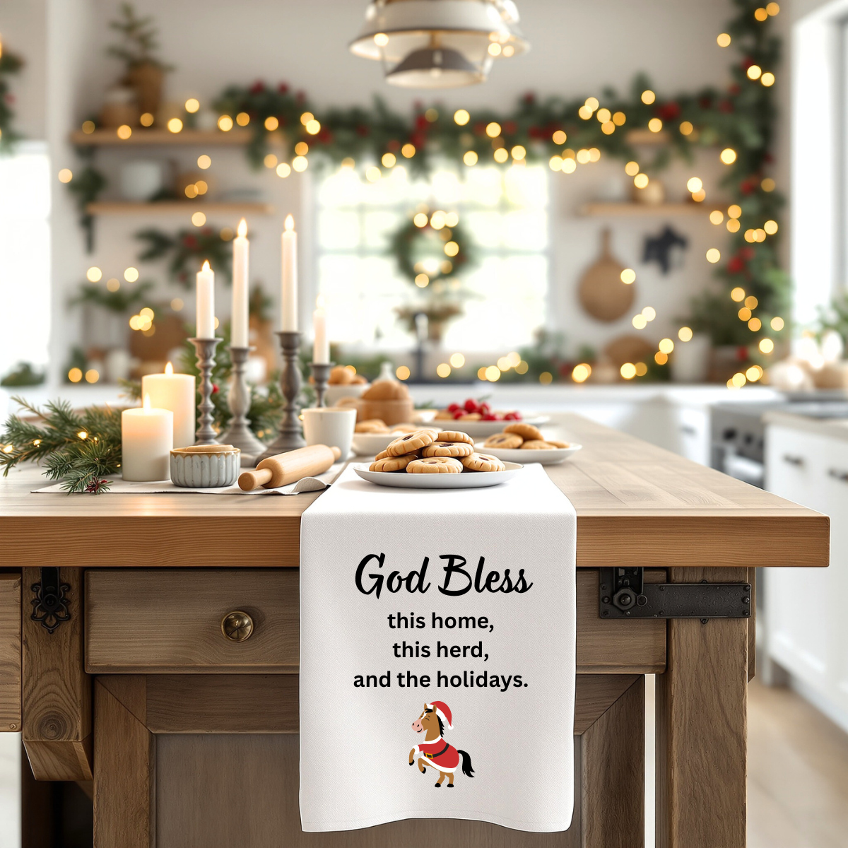 Tea Towel - "God Bless this home, this herd, and the holidays" Christmas Kitchen Towel, gift, holiday decor
