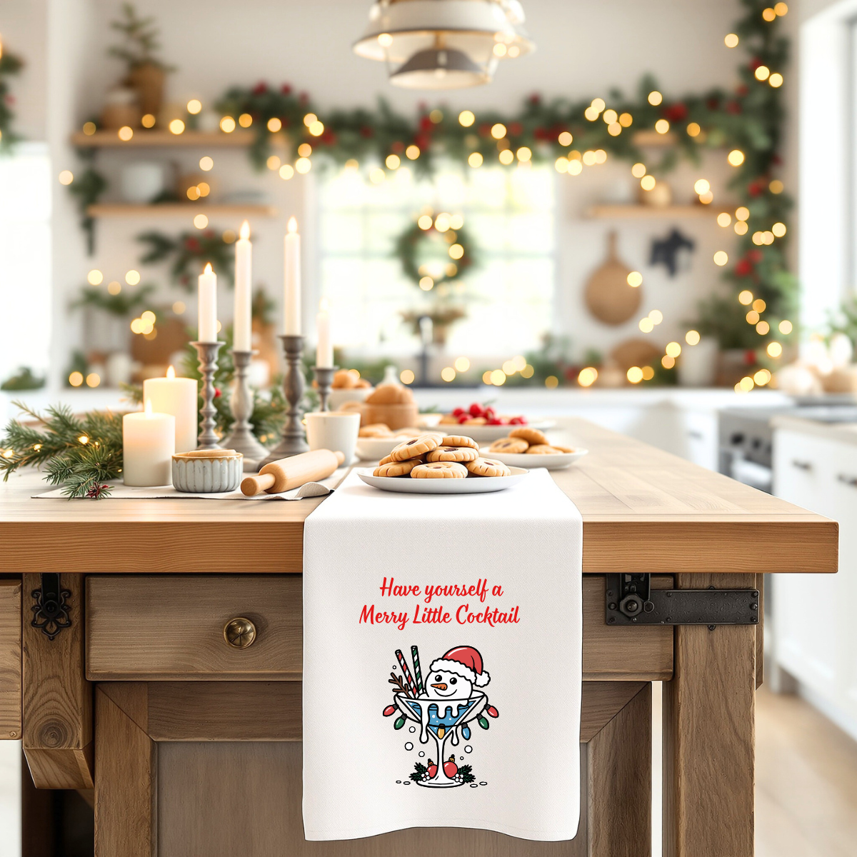 Christmas Cocktail Tea Towel — “Have Yourself a Merry Little Cocktail” Snowman Kitchen Towel, white elephant gift, Holiday decor
