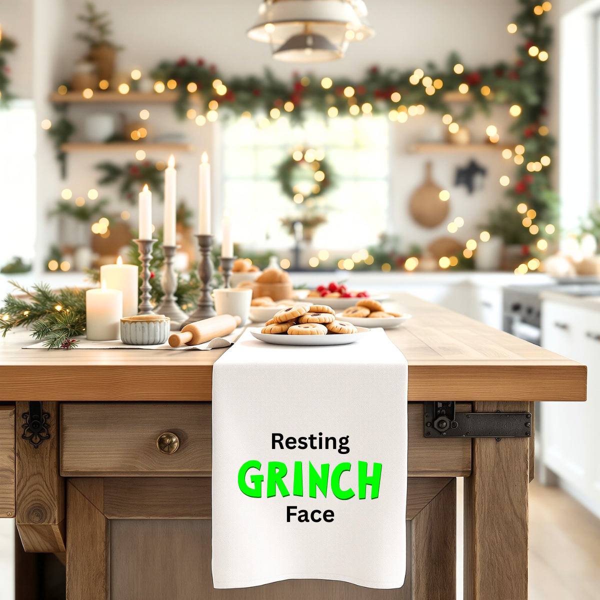 Tea Towel - "Resting Grinch Face" Holiday Kitchen Towel. Christmas humor, white elephant gift