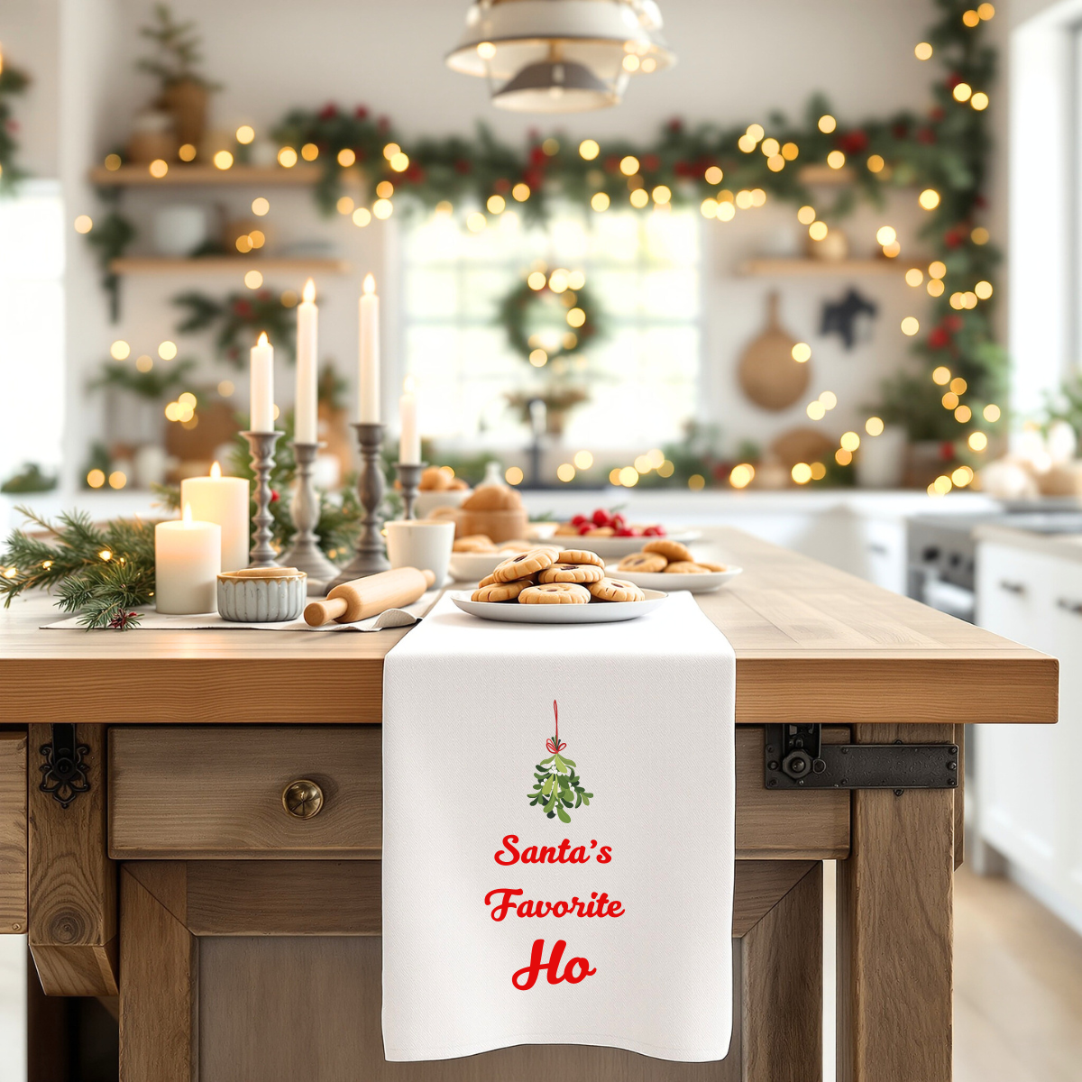 Tea Towel — "Santa's Favorite Ho" Christmas Mistletoe Kitchen Towel, funny holiday gift, white elephant party gift