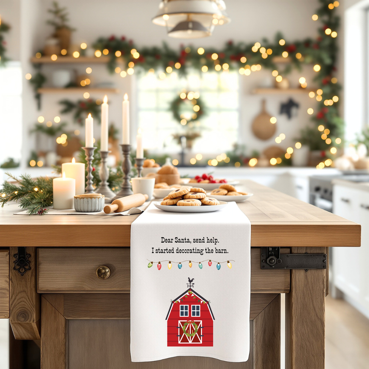 Christmas Barn Tea Towel — "Dear Santa, send help. I started decorating the barn." Cotton Kitchen Towel, country kitchen towel, horse love gift, country Christmas, farmhouse decor