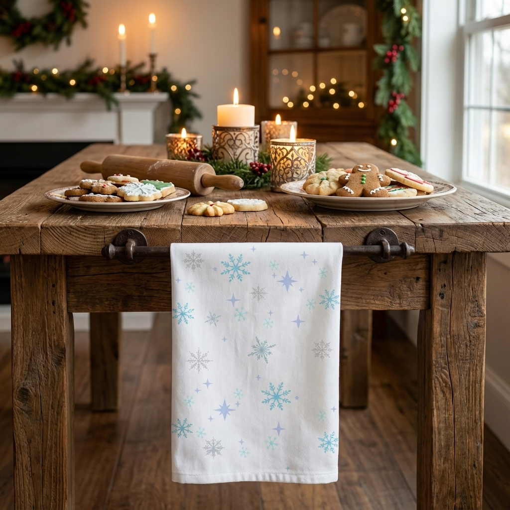 Snowflake Tea Towel — Subtle snowflake Winter Kitchen Towel. Blue, lavender and silver shades. Christmas gift, decor