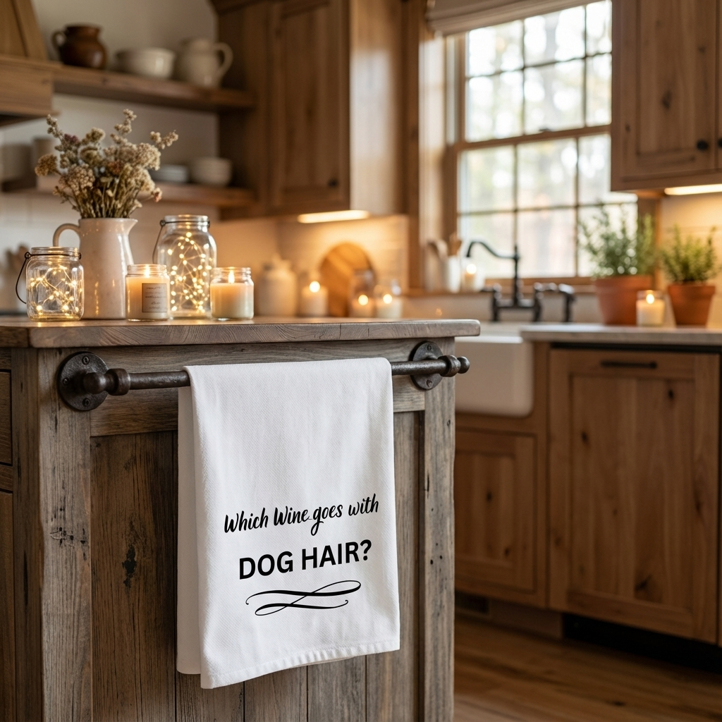 Which Wine goes with Dog Hair? Kitchen Tea Towel – Funny Dog Lover Cotton Dish Towel