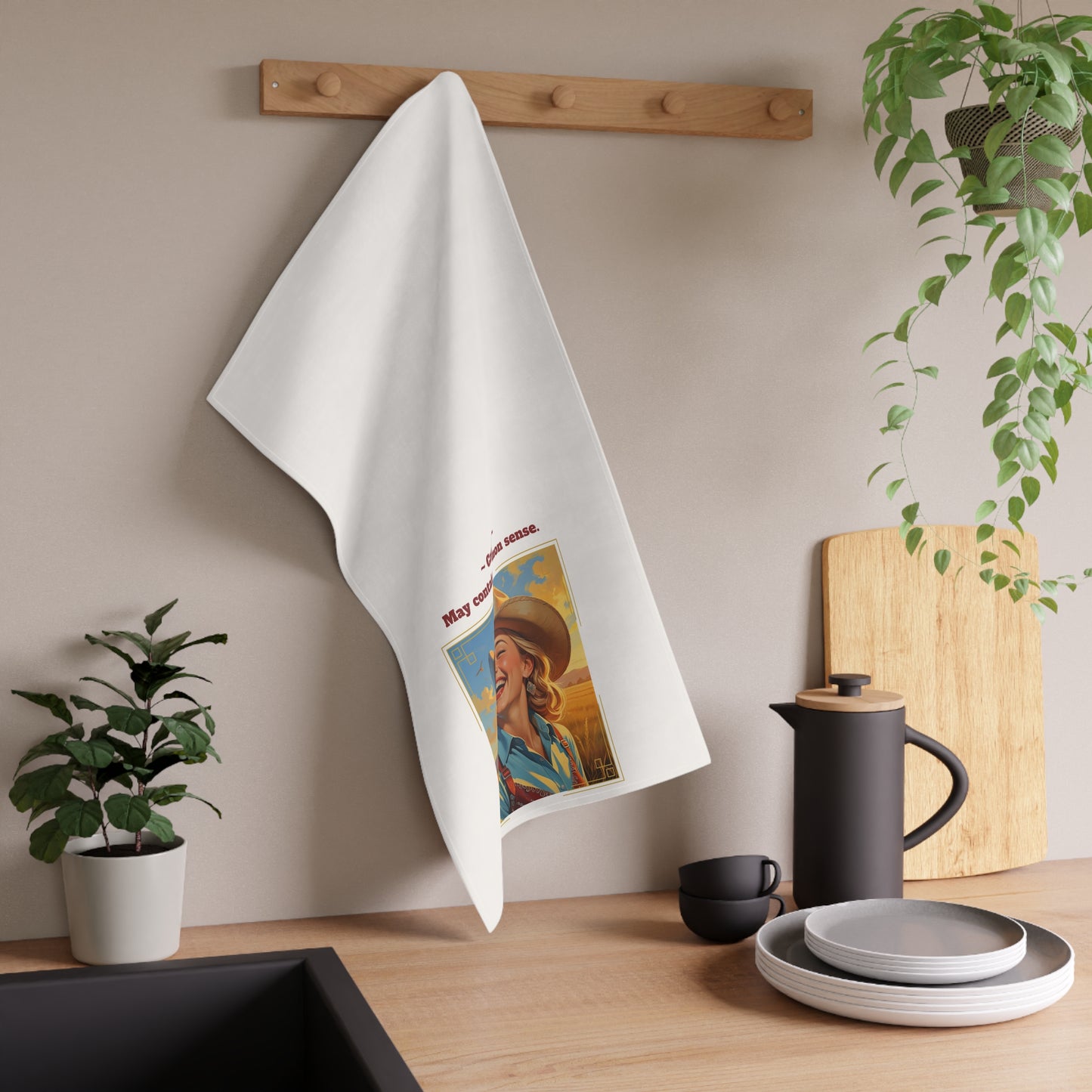 Funny Vintage-Inspired Cowgirl Tea Towel, "Caution: May Contain Common Sense" Rustic Kitchen and Bar Decor, Farmhouse Kitchen Accessories, Fun Gift for Home Cooks