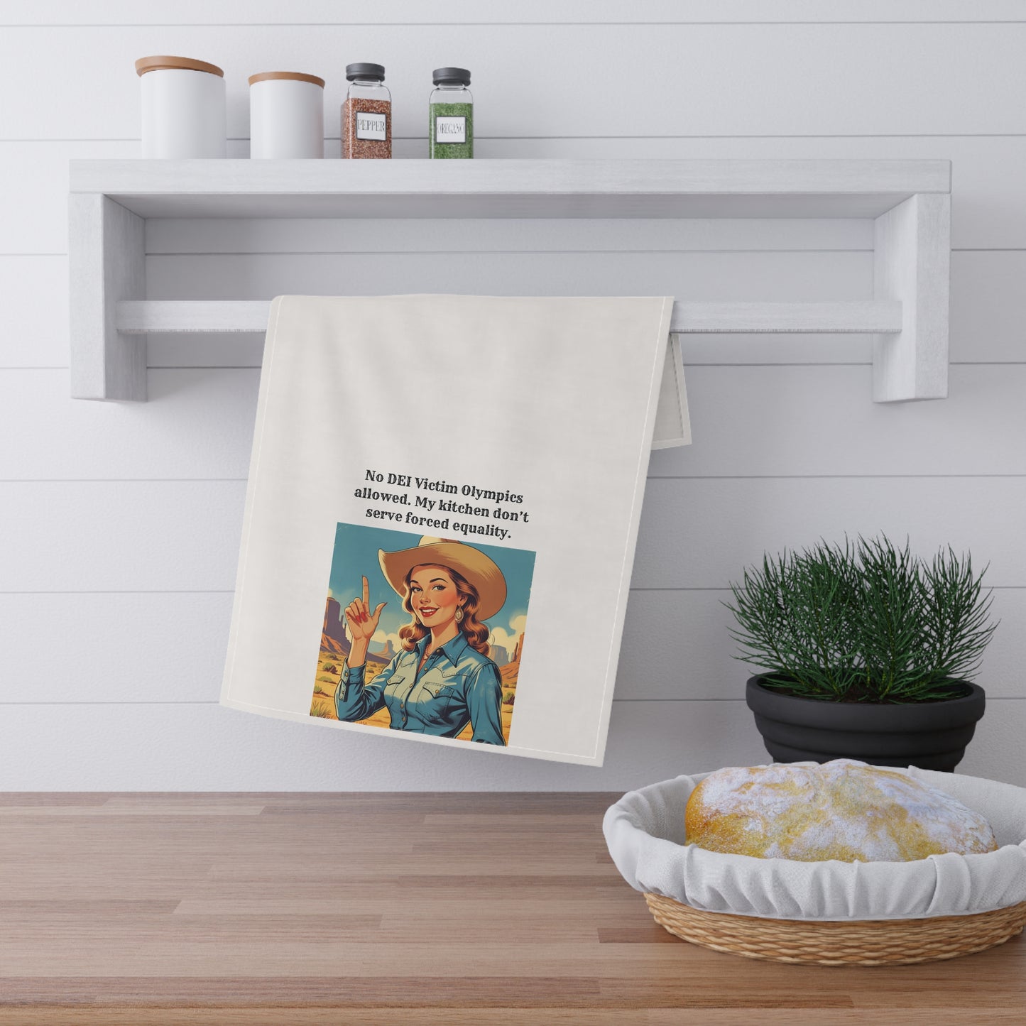 Rebel Heart Tea/Bar Towel | Sarcastic Cowgirl Saying "No DEI Victim Olympics allowed. My kitchen don’t serve forced equality."