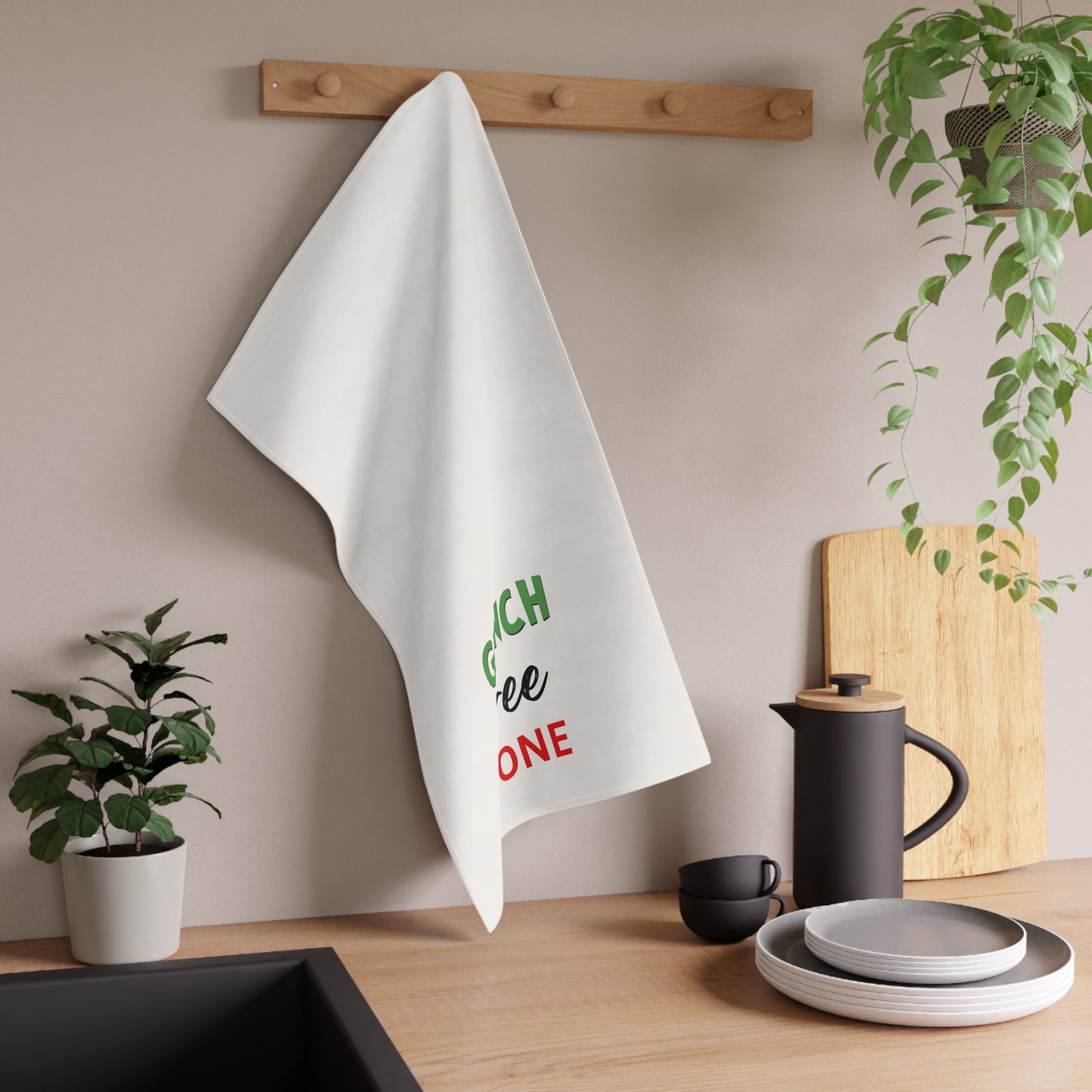 Grinch Free Zone Tea Towel – Holiday Kitchen Decor, funny Christmas towel, gift