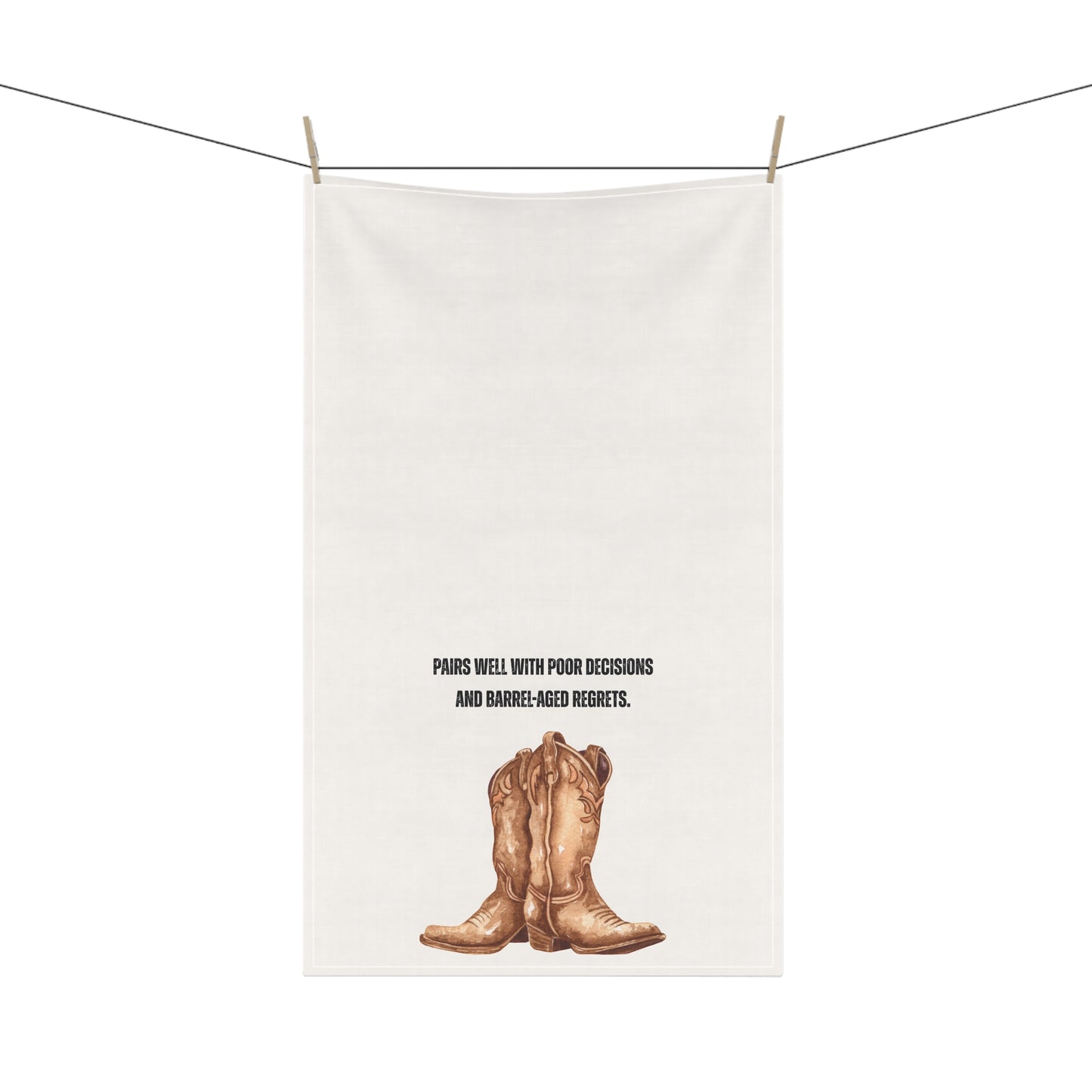 Rustic Cowboy Tea Towels - "Pairs well with poor decisions and barrel-aged regrets." Funny Kitchen or Bar Decor, Gift for BBQ Lovers, Unique Hostess Gift, Western Themed Accessories, Kitchen Towel Set