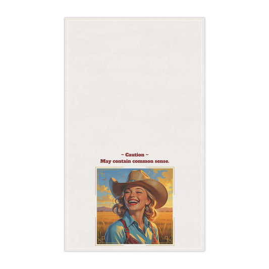 Funny Vintage-Inspired Cowgirl Tea Towel, "Caution: May Contain Common Sense" Rustic Kitchen and Bar Decor, Farmhouse Kitchen Accessories, Fun Gift for Home Cooks