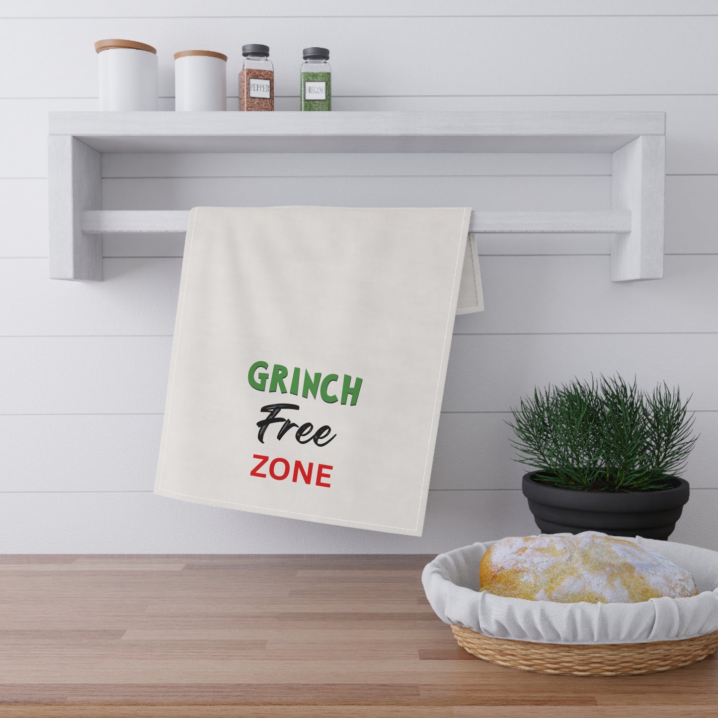 Grinch Free Zone Tea Towel – Holiday Kitchen Decor, funny Christmas towel, gift