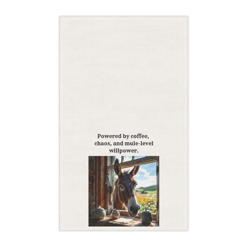 "Powered by coffee, caos and mule-level willpower" Show off your sass in style with this humorous Mule and Coffee loving towel. Gift for Home Chefs, Fun Mule Decor, Farmhouse Style, Kitchen Accessories