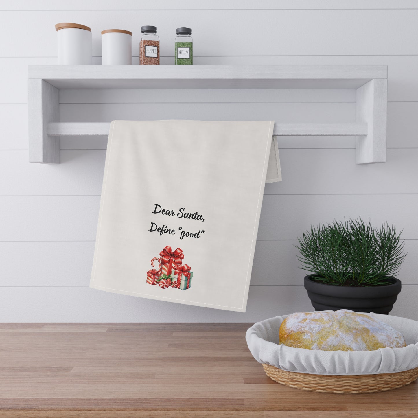 Tea Towel - "Dear Santa, Define 'good'" Christmas Cotton Kitchen Towel, Funny holiday towel, white elephant gift, hostess gift