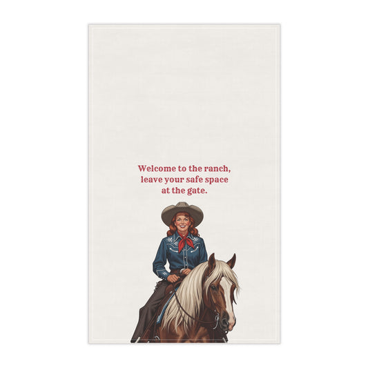 "Welcome to the Ranch, leave your safe space at the gate" Western Ranch Tea Towels, Rustic Kitchen Decor, Farmhouse Hostess Gift, Cowboy Themed Towel, Country Style Homeware