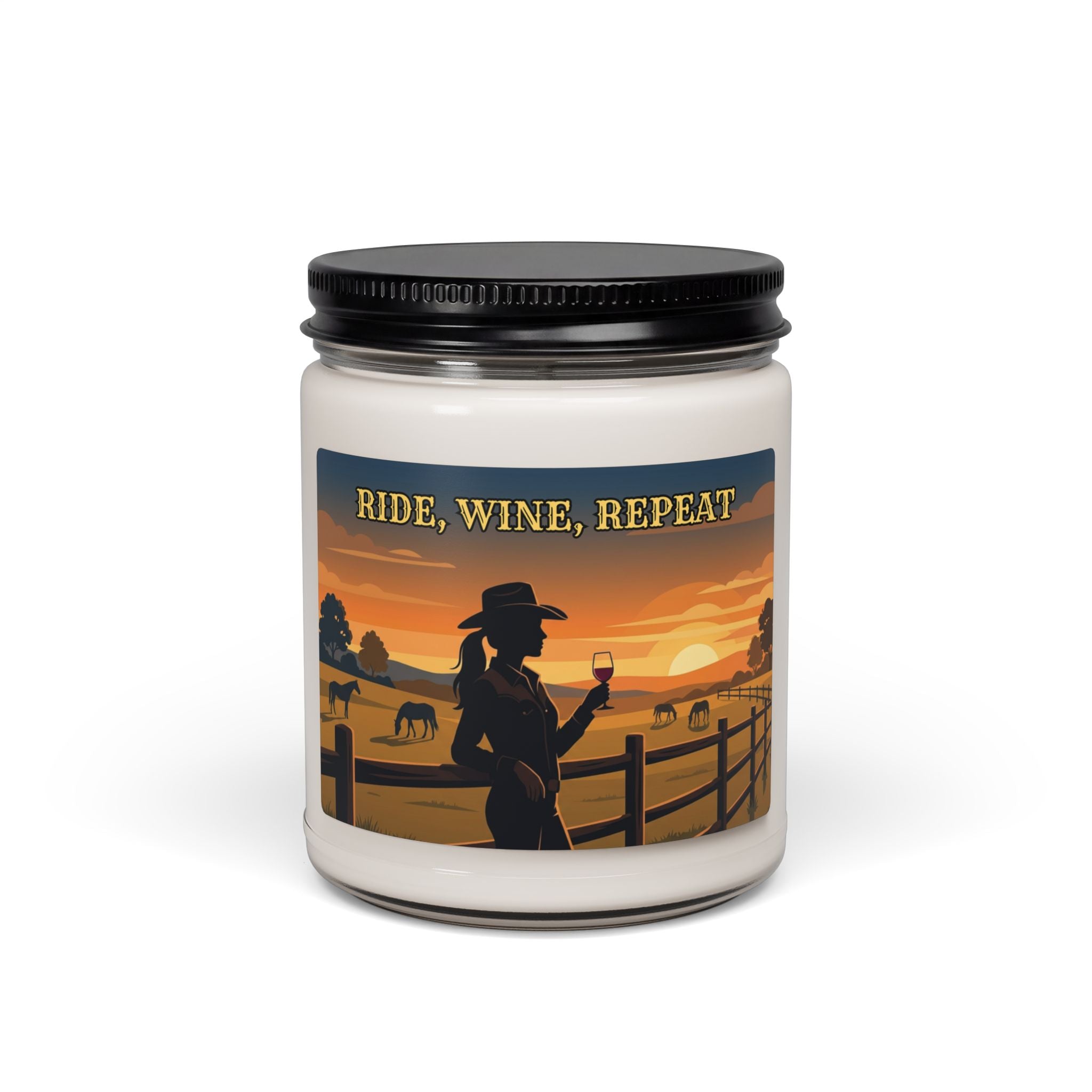 'Ride, Wine, Repeat' Sunset Cowboy Wine Glass Scented Soy Candle (9oz)
