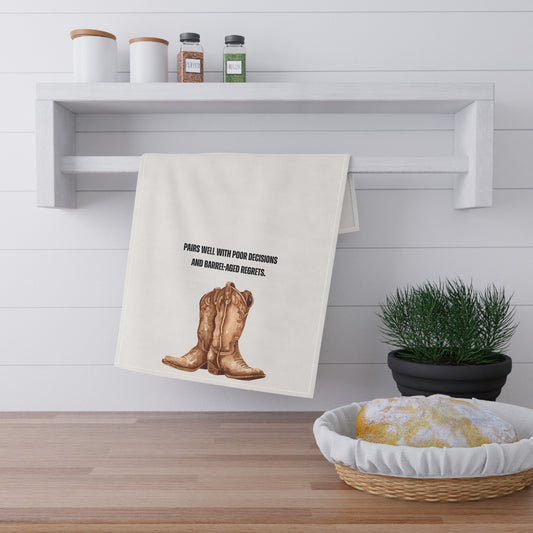 Rustic Cowboy Tea Towels - "Pairs well with poor decisions and barrel-aged regrets." Funny Kitchen or Bar Decor, Gift for BBQ Lovers, Unique Hostess Gift, Western Themed Accessories, Kitchen Towel Set