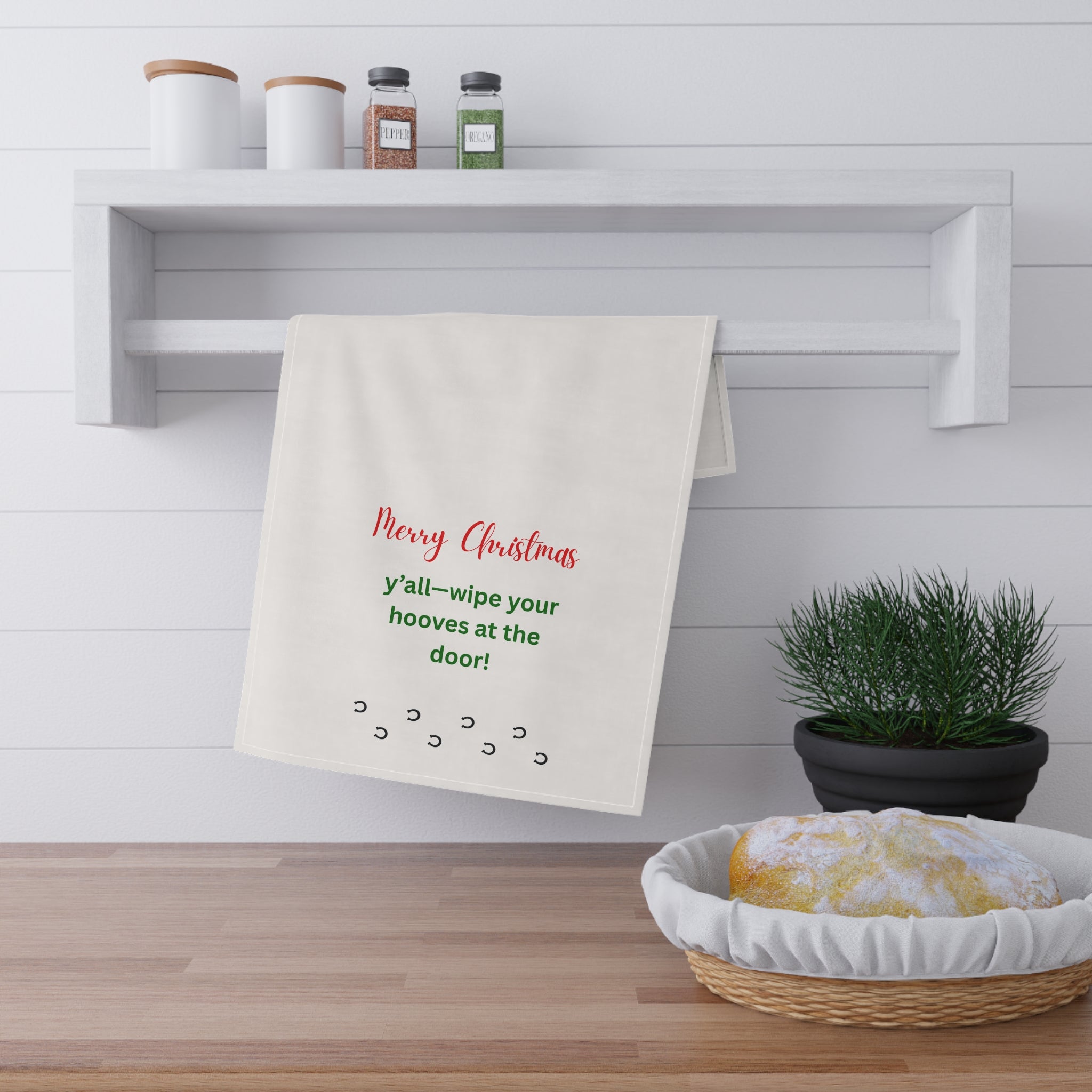 Christmas Tea Towel — "Merry Christmas y'all — wipe your hooves at the door!" Farmhouse kitchen decor, Christmas barn towel, horse lover gift, white elephant holiday party gift