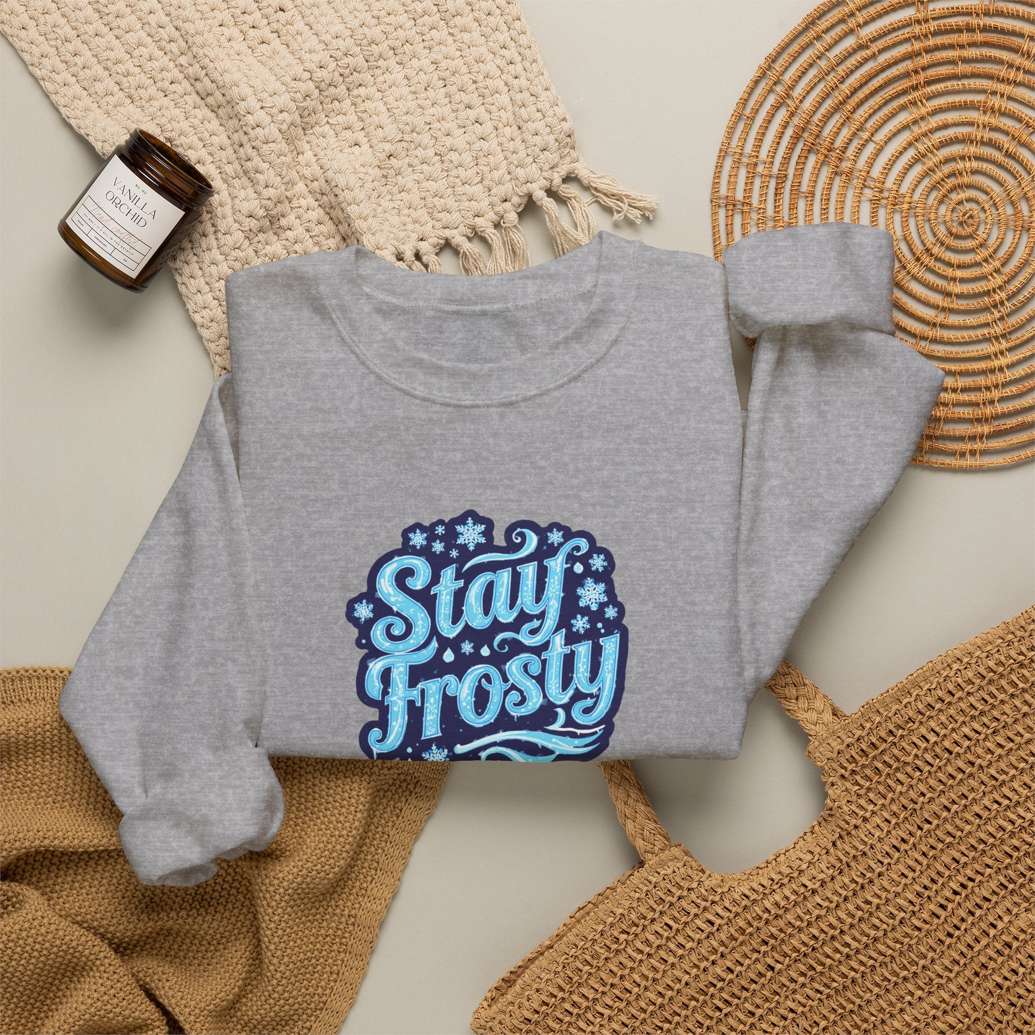 Stay Frosty Crewneck Sweatshirt — Retro Snowflake Graphic