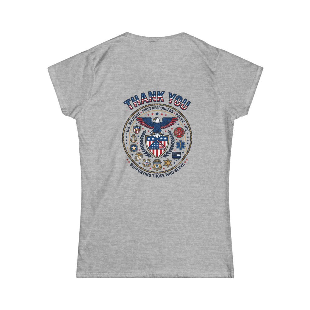 Women's T-Shirt - Classic White Softstyle Tee with small American Flag on front and Thank You badge on back