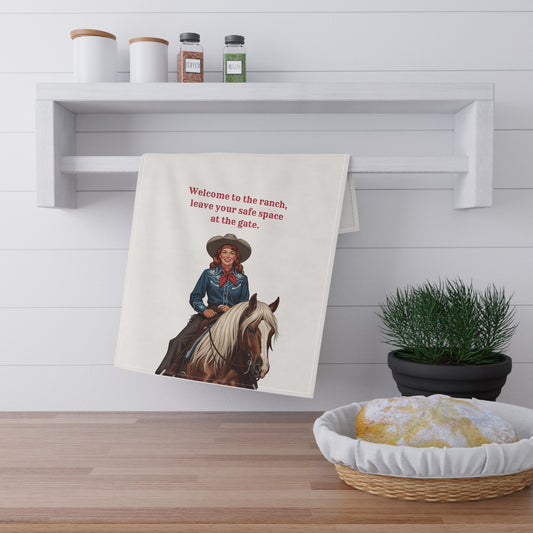 Not for the woke-at-heart. "Welcome to the Ranch, leave your safe space at the gate" Western Ranch Tea Towels, Rustic Kitchen Decor, Farmhouse Hostess Gift, Cowboy Themed Towel, Country Style Homeware