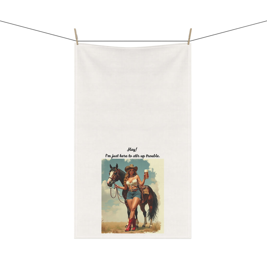 Cowgirl Tea/Bar Towels - "Hay! I'm just here to stir up trouble." Rustic Kitchen and Bar Decor, Western Home, Gift for Horse Lovers, Country Style, Cooking Essentials