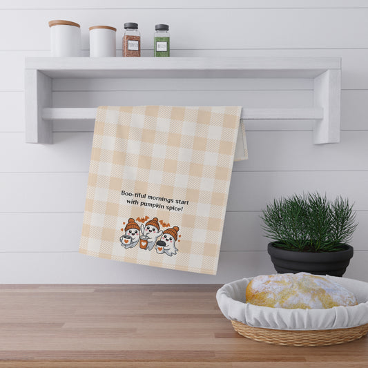 Cozy Fall Tea Towels | "Boo-tiful Mornings with Pumpkin Spice" | Perfect for Autumn, Halloween, Kitchen Decor, Gift Idea