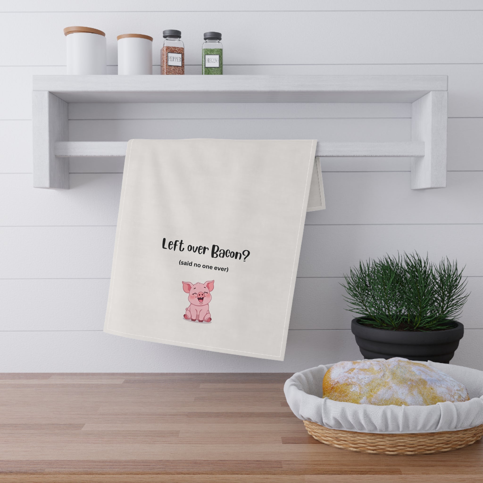 Tea Towel - 'Left Over Bacon? (said no one ever)' Cute Pig Kitchen Dish Towel, bacon lover gift, housewarming, bachelor, white elephant exchange