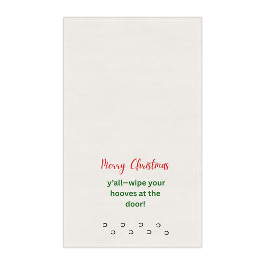 Christmas Tea Towel — "Merry Christmas y'all — wipe your hooves at the door!" Farmhouse kitchen decor, Christmas barn towel, horse lover gift, white elephant holiday party gift
