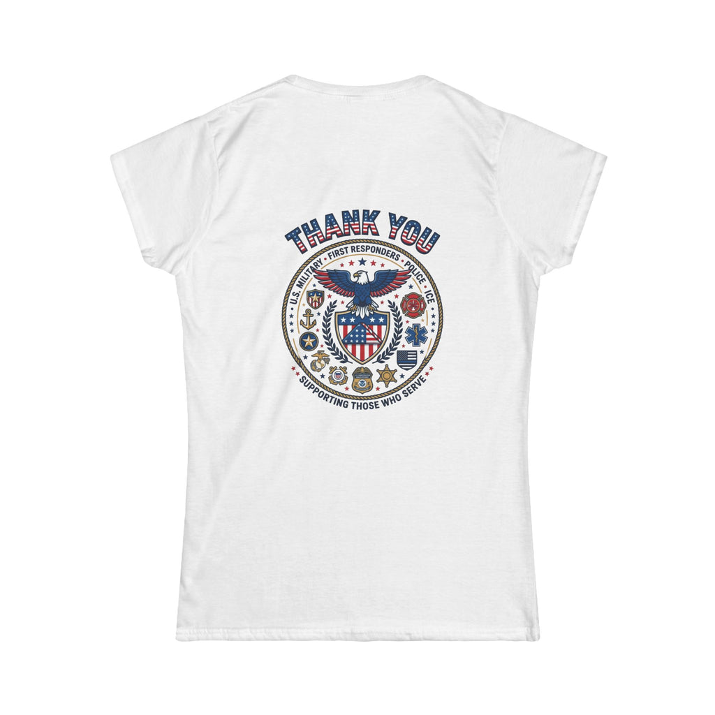 Women's T-Shirt - Classic White Softstyle Tee with small American Flag on front and Thank You badge on back