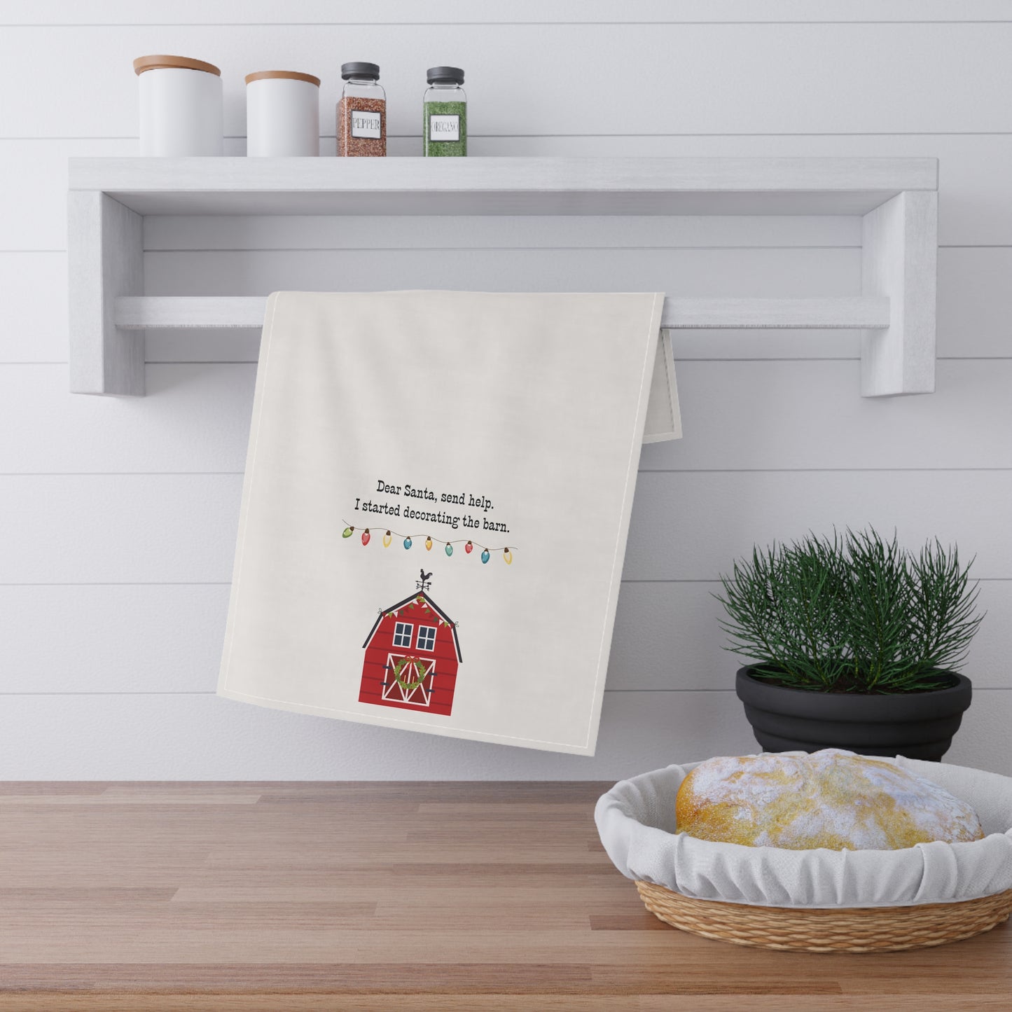 Christmas Barn Tea Towel — "Dear Santa, send help. I started decorating the barn." Cotton Kitchen Towel, country kitchen towel, horse love gift, country Christmas, farmhouse decor