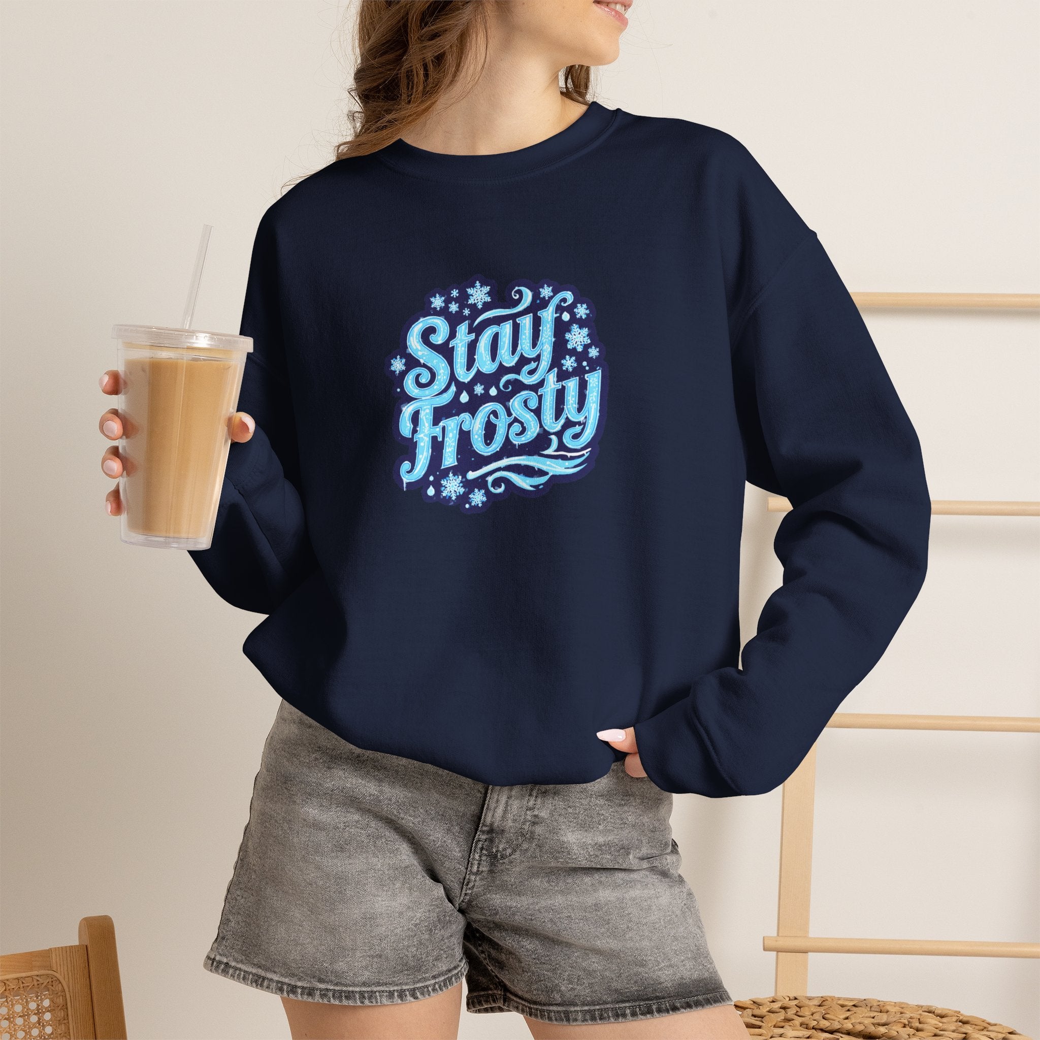 Stay Frosty Crewneck Sweatshirt — Retro Snowflake Graphic