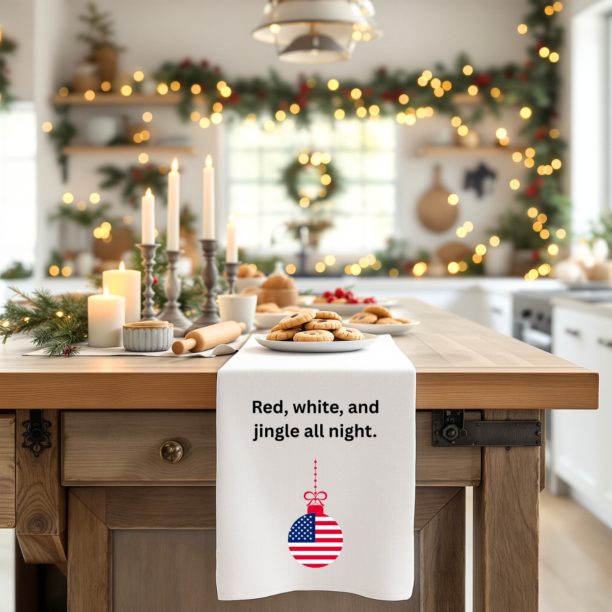 Patriotic Christmas Tea Towel — "Red, white, and jingle all night." Holiday decor, gift.