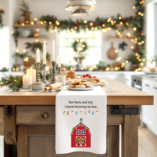 Christmas Barn Tea Towel — "Dear Santa, send help. I started decorating the barn." Cotton Kitchen Towel, country kitchen towel, horse love gift, country Christmas, farmhouse decor