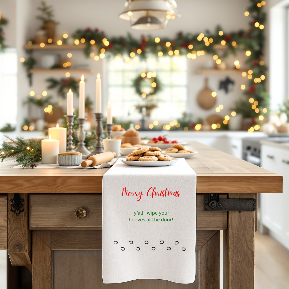 Christmas Tea Towel — "Merry Christmas y'all — wipe your hooves at the door!" Farmhouse kitchen decor, Christmas barn towel, horse lover gift, white elephant holiday party gift