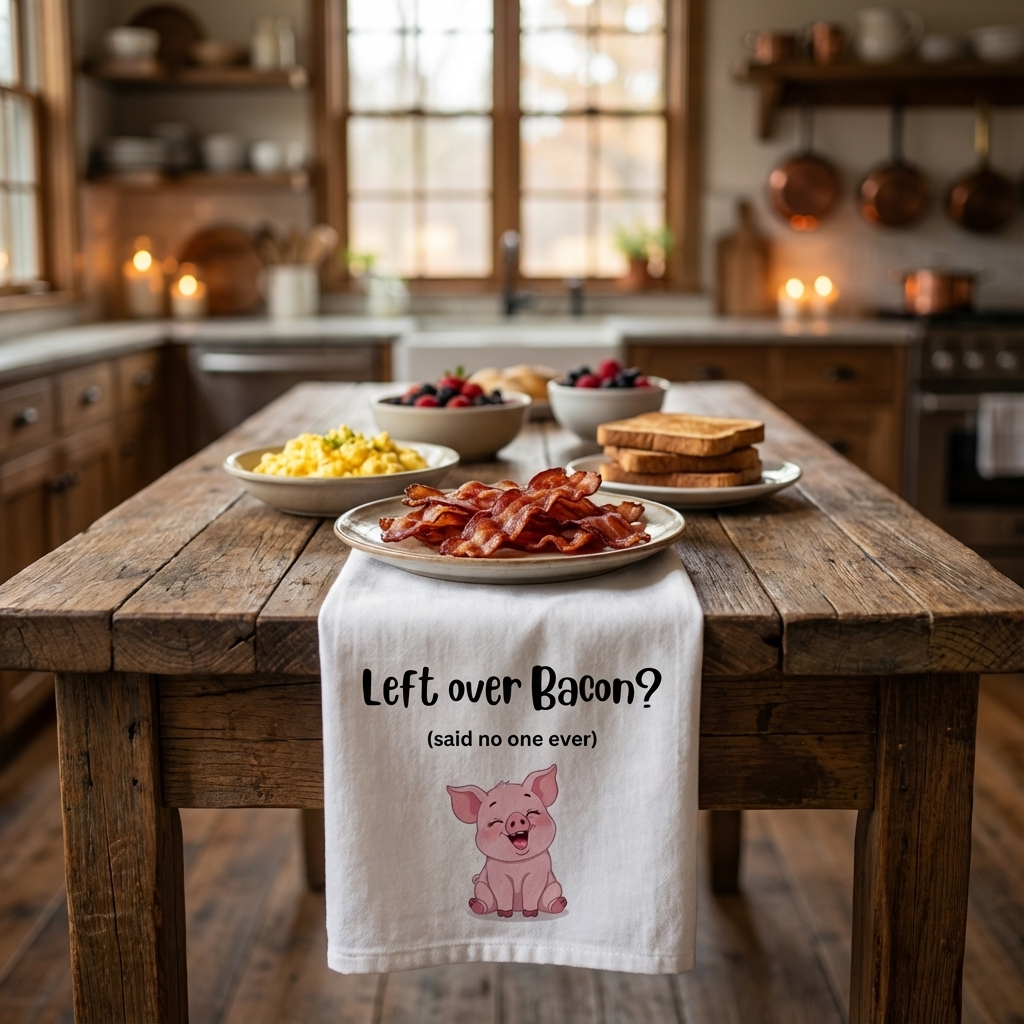 Tea Towel - 'Left Over Bacon? (said no one ever)' Cute Pig Kitchen Dish Towel, bacon lover gift, housewarming, bachelor, white elephant exchange