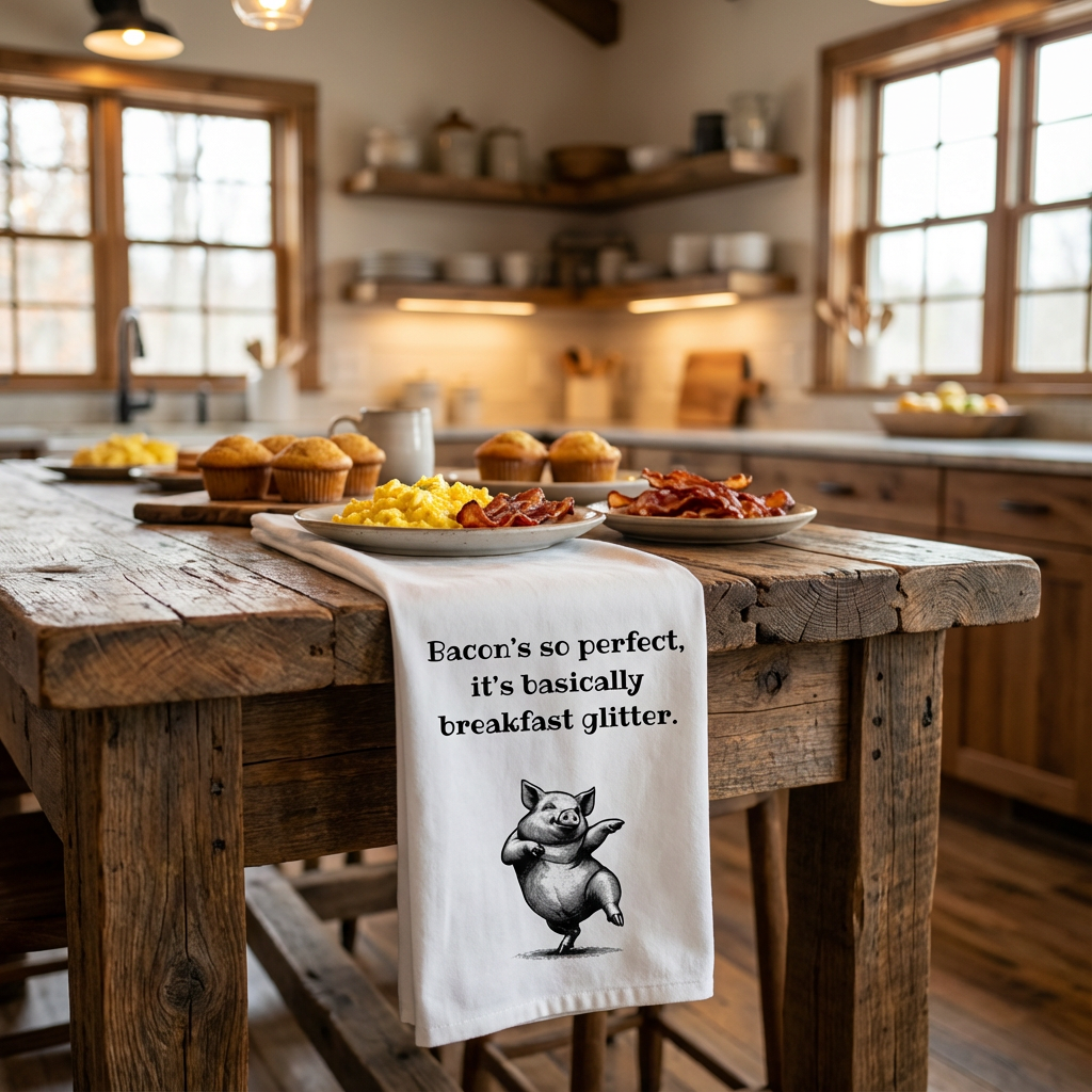 Bacon Perfection - Funny Tea Towel for meat lovers. "Bacon's so perfect, it's basically breakfast glitter" great gift for men, Father's Day, Frat house