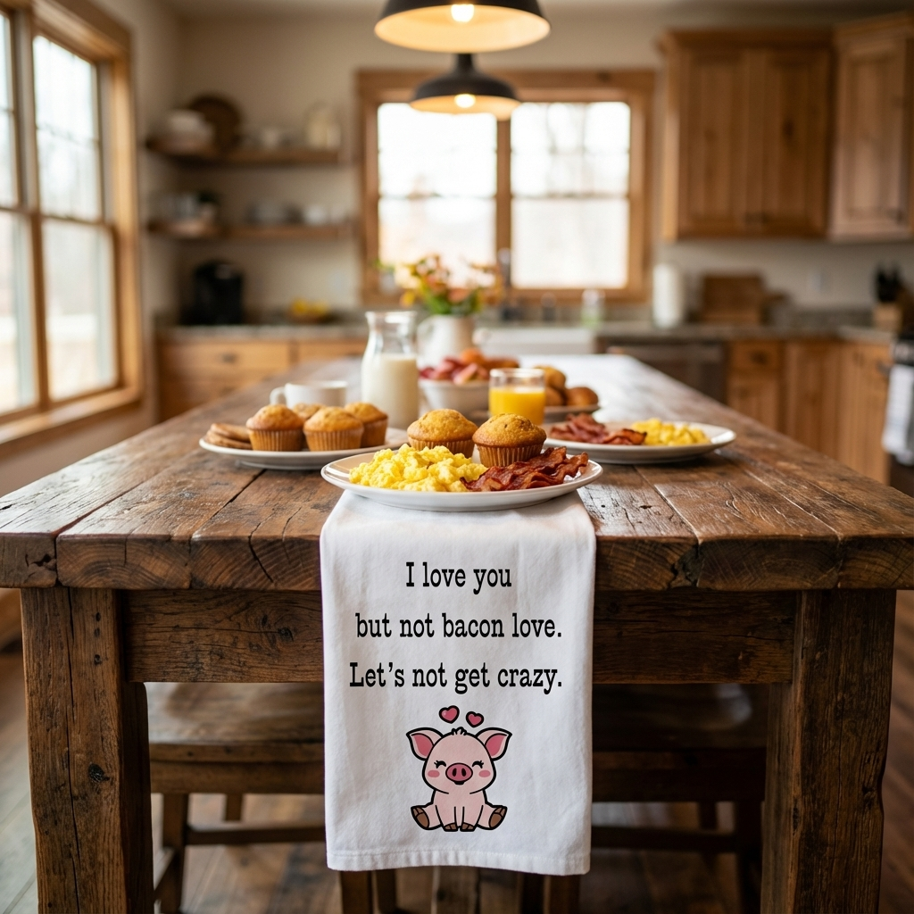 Bacon Lover's Tea Towel with cute Pig "I love you but not bacon love. Let's not get crazy" funny kitchen towel for meat eaters, bachelor house warming gift, Frat house decor