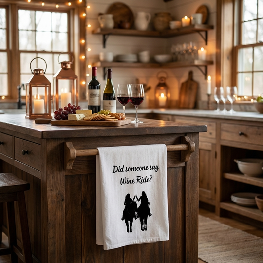"Did someone say Wine Ride?" Cowgirl Wine Ride Tea/Bar Towels, Western Kitchen Decor, Retro Cowgirl Design, Farmhouse Towels, Kitchen Towels with Wine Theme, Vintage Tea