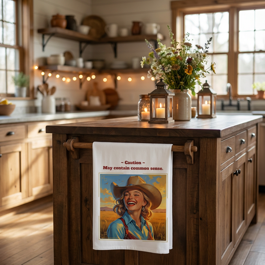 Funny Vintage-Inspired Cowgirl Tea Towel, "Caution: May Contain Common Sense" Rustic Kitchen and Bar Decor, Farmhouse Kitchen Accessories, Fun Gift for Home Cooks