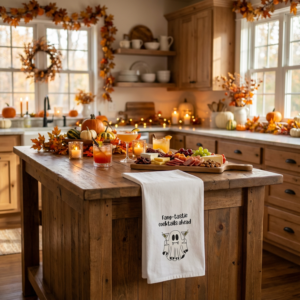 Spooky Ghost Tea Towels - Fang-tastic Cocktails Ahead, Halloween Kitchen Decor, Ghost Party Supplies, Unique Gift for Home, [...]