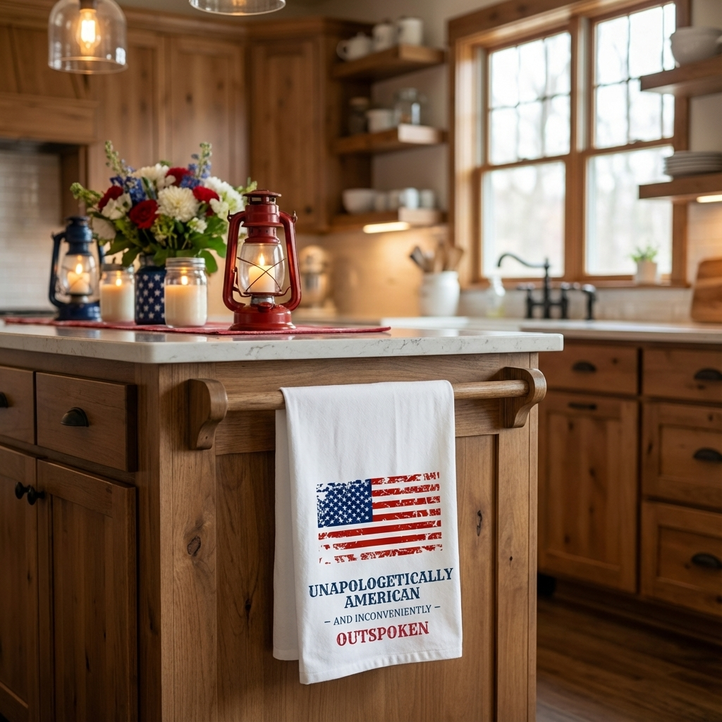 Unapologetically American Tea Towel - Rustic Kitchen Decor, Patriotic Gift for Home, Cooking, Americana, BBQ, 4th of July