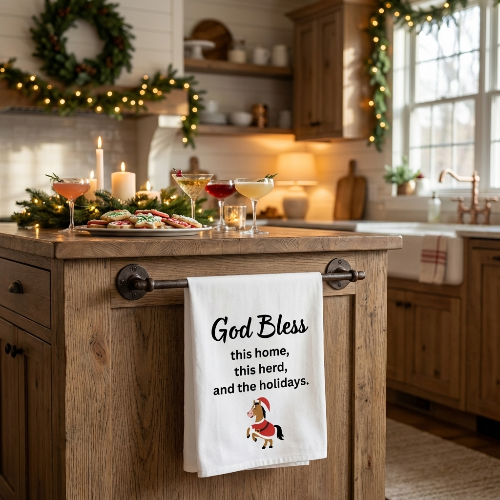 Tea Towel - "God Bless this home, this herd, and the holidays" Christmas Kitchen Towel, gift, holiday decor