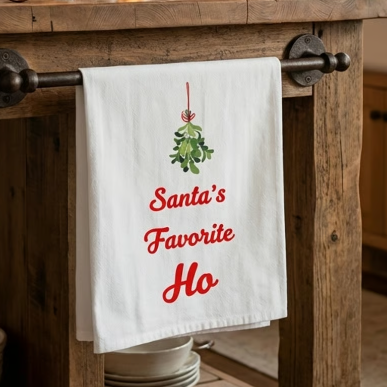 Tea Towel — "Santa's Favorite Ho" Christmas Mistletoe Kitchen Towel, funny holiday gift, white elephant party gift