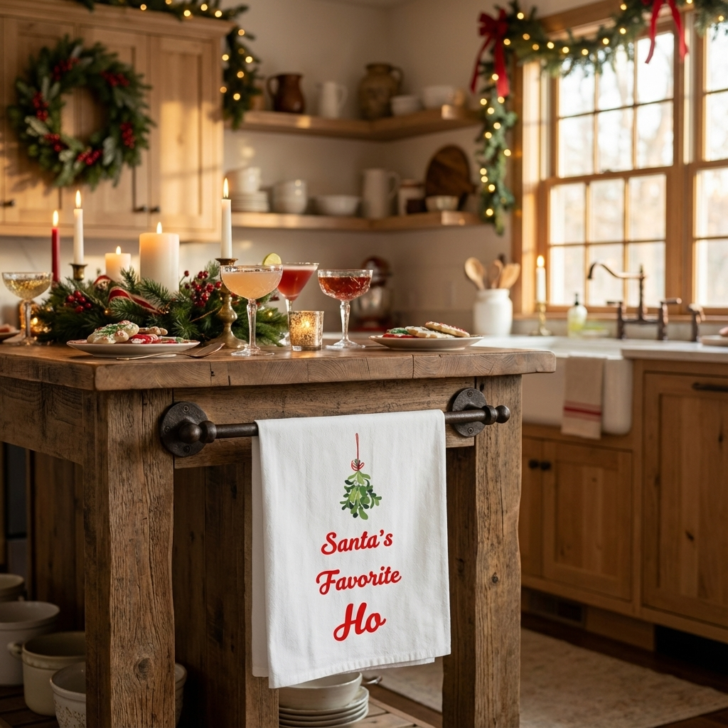 Tea Towel — "Santa's Favorite Ho" Christmas Mistletoe Kitchen Towel, funny holiday gift, white elephant party gift