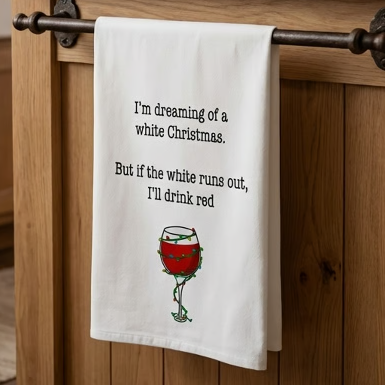 Tea Towel — “I’m Dreaming of a White Christmas. But if white runs out, I'll drink red” Wine Glass Holiday Kitchen Towel, white elephant gift, hostess gift