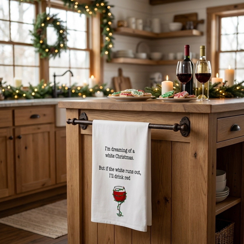 Tea Towel — “I’m Dreaming of a White Christmas. But if white runs out, I'll drink red” Wine Glass Holiday Kitchen Towel, white elephant gift, hostess gift