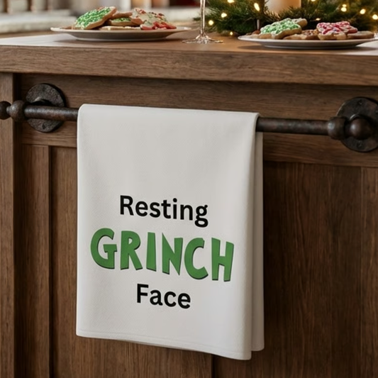 Tea Towel - "Resting Grinch Face" Holiday Kitchen Towel. Christmas humor, white elephant gift