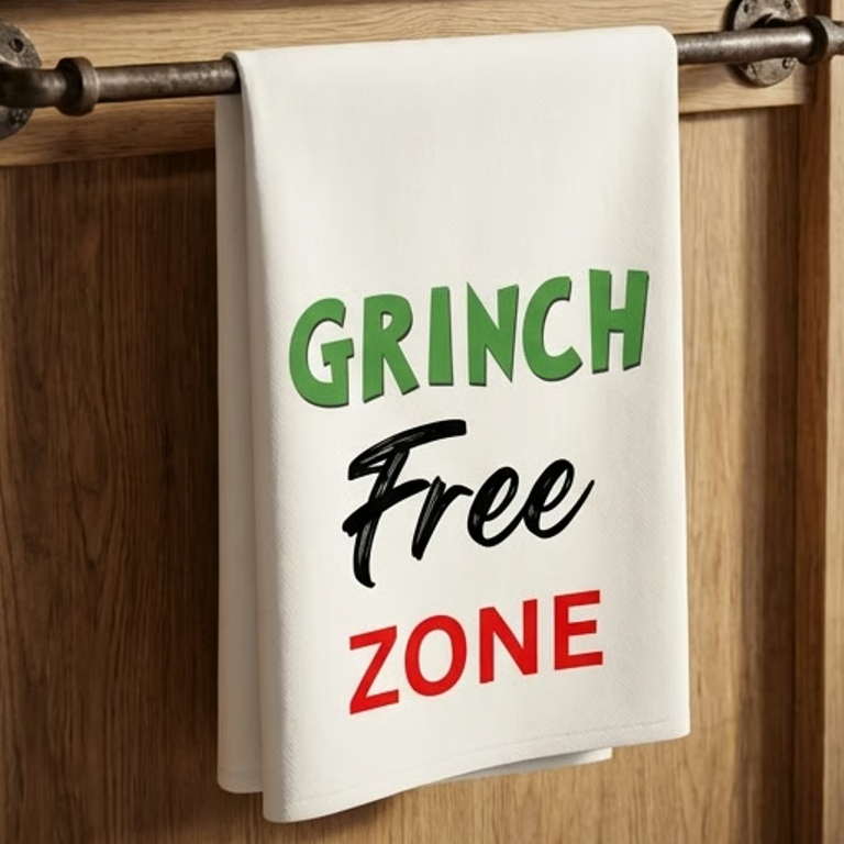 Grinch Free Zone Tea Towel – Holiday Kitchen Decor, funny Christmas towel, gift